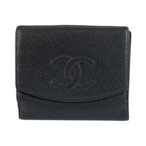 CHANEL Vintage Coco Mark Black Leather Folding Wallet Compact for Women